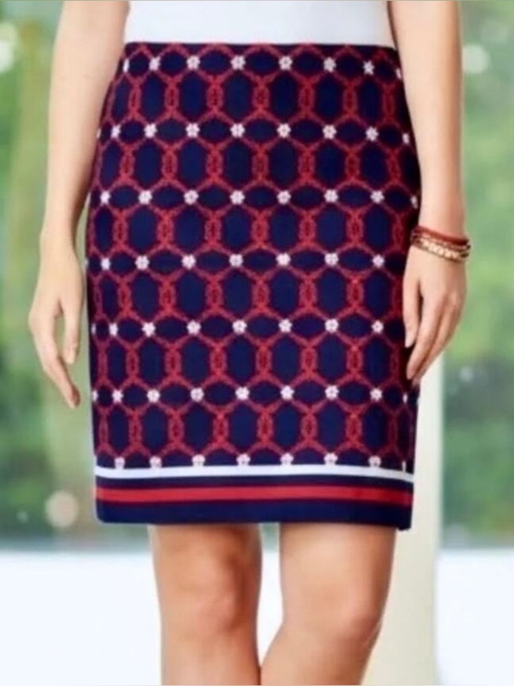 Talbots Nautical Rope Geometric Navy & Red Preppy Coastal Pencil Skirt Size 16